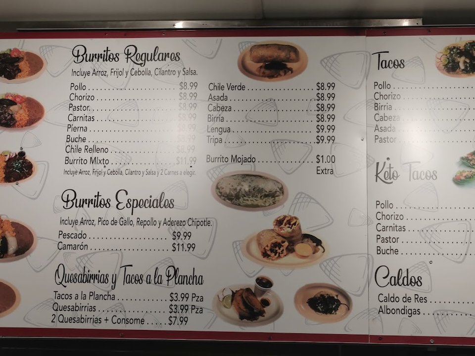 Restaurant menu with Spanish item names and combo plates.