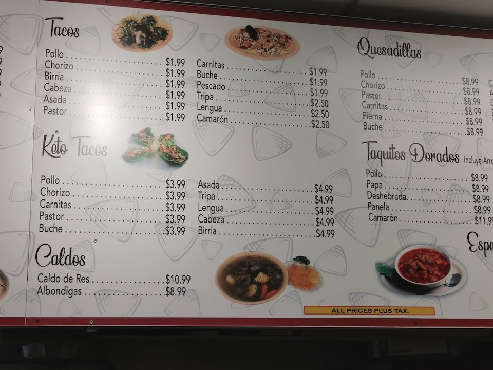 Printed menu with breakfast burritos and quesabirrias.